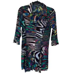 Mechant Y2K Artsy Abstract Zebra Print Sheer Top Mesh Button Down Tunic Women L